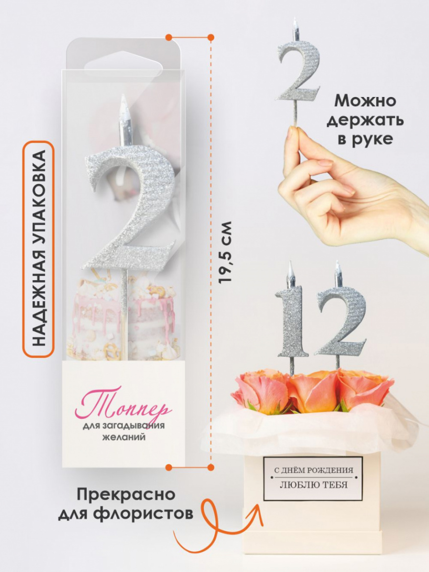 Свеча для торта Топпер супер блеск серебро 2 на шпажке 3516102